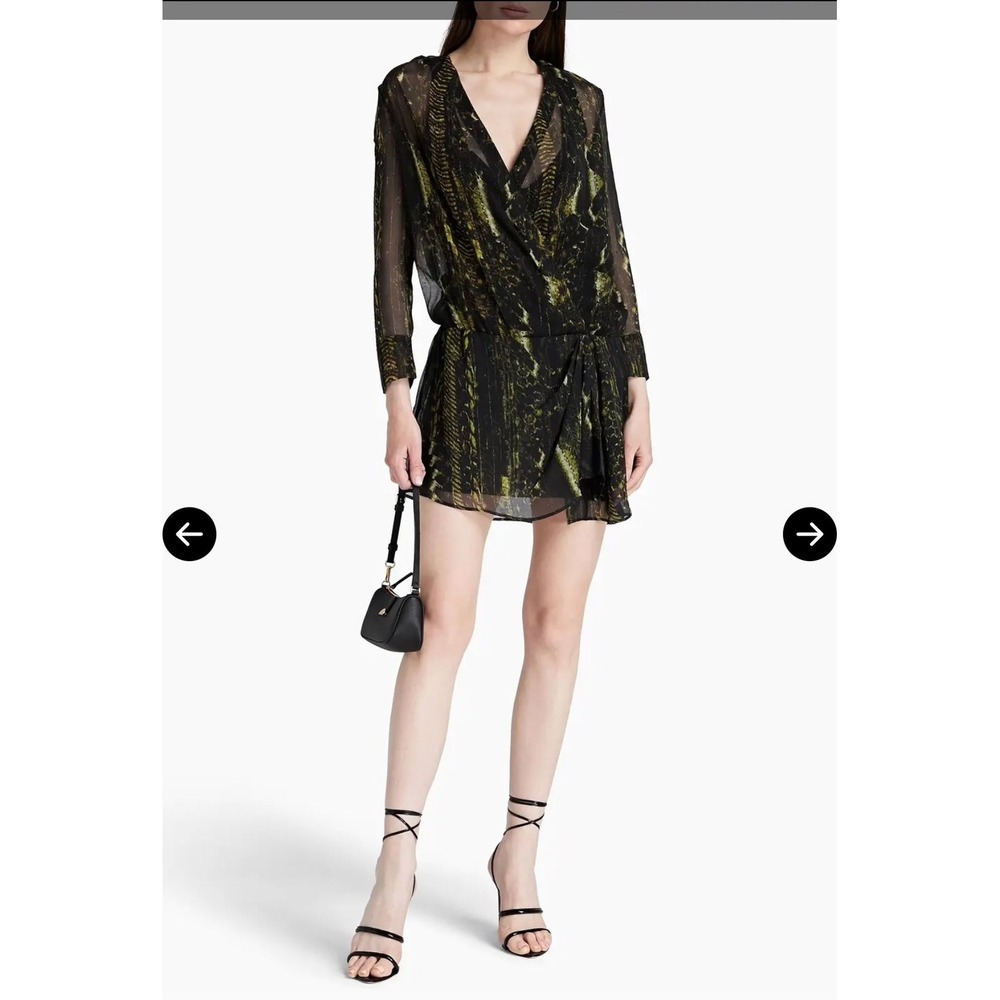 IRO Paris Akley Snake Print Chiffon‎ Wrap Mini Dress Chartreuse Black Size 36